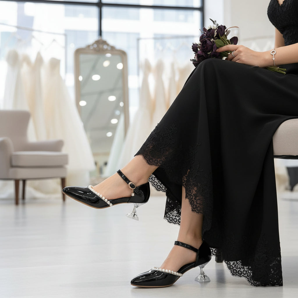 Patent Leather Bridal Pumps With Pearls & Transparent Heels