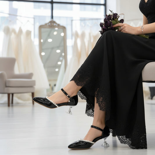 Patent Leather Bridal Pumps With Pearls & Transparent Heels