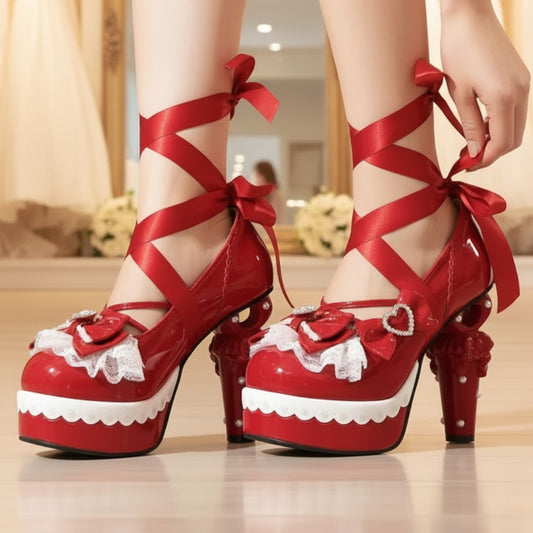 Lolita Style Ribbons & Hearts Bridal High Heels