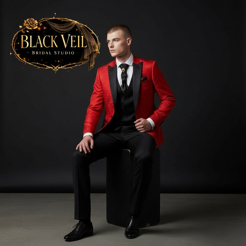 Men's 3pc Jacquard Suit In Red