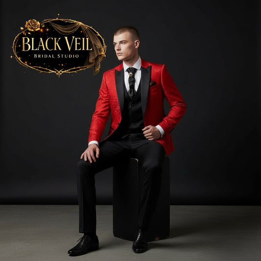 Men's 3pc Jacquard Suit In Red