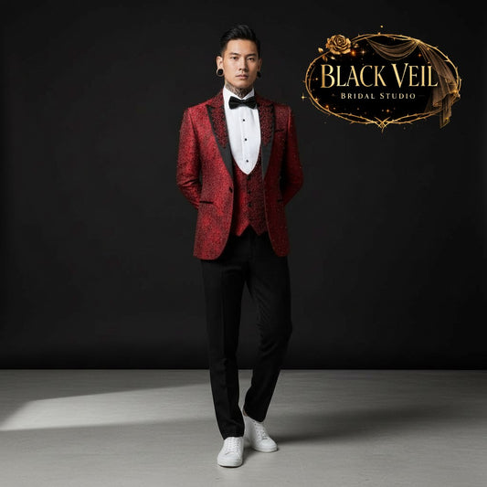 Men's 3pc Red Crystal Embroidered Suit