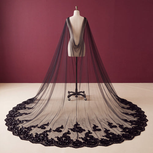 Black Sequined Shoulder Veil | Gothic Bridal Cape Veil