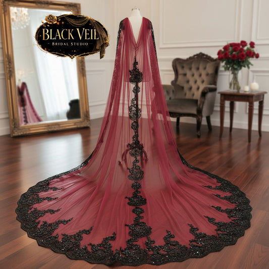 Burgundy & Black Lace Shoulder Veil