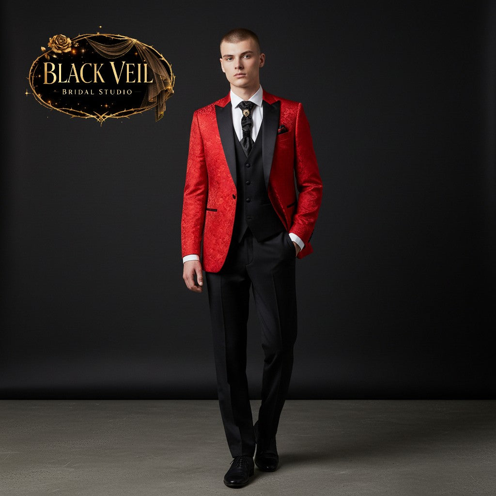 Men's 3pc Jacquard Suit In Red