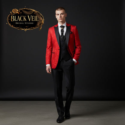 Men's 3pc Jacquard Suit In Red