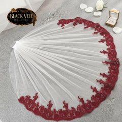 Dark Burgundy Lace Trimmed Tulle Wedding Veil With Comb